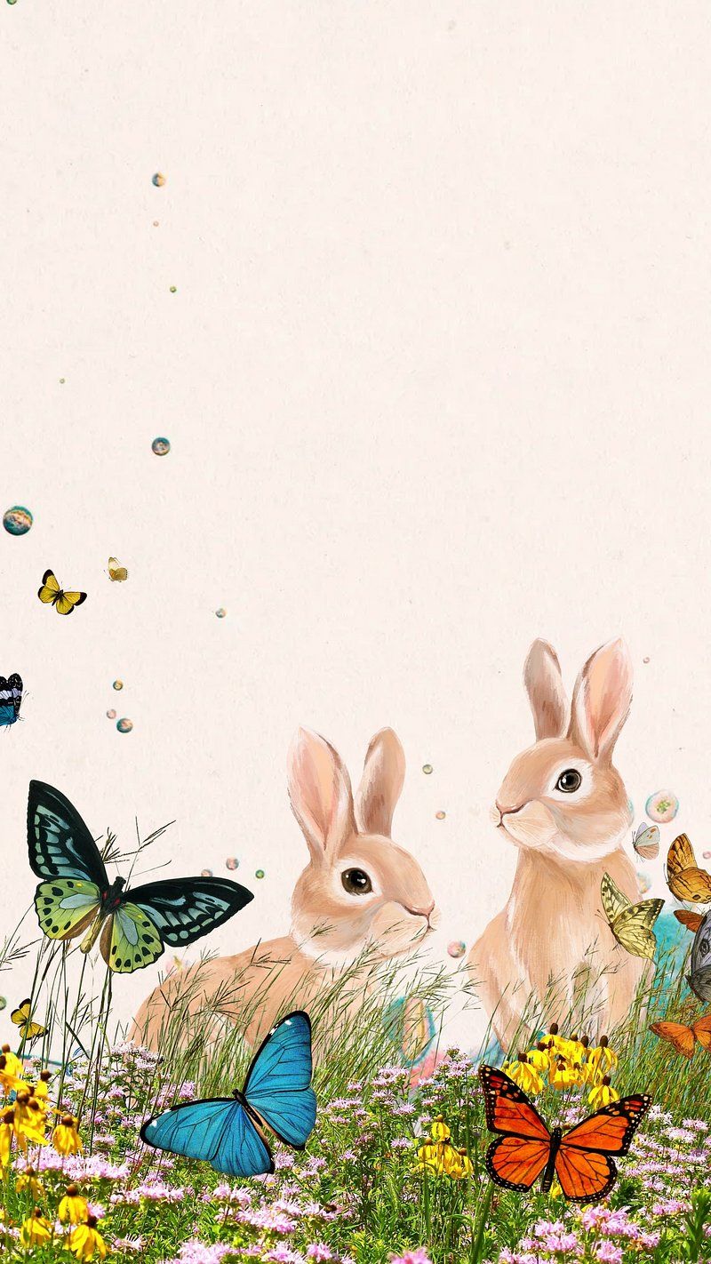 IPhone wallpaper with two bunnies and butterflies - Easter