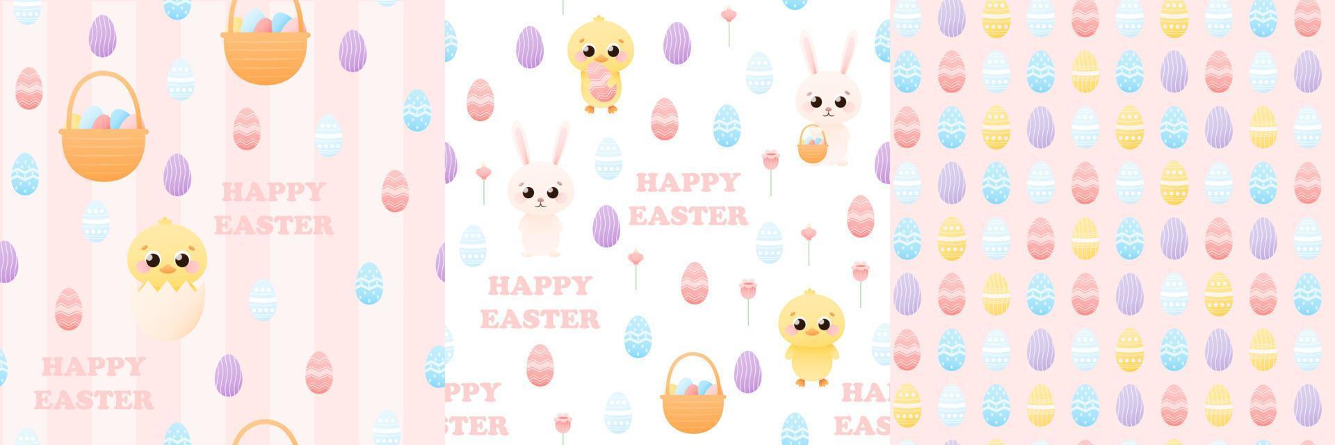 Colourful set of easter pattern with cute bunny and chick holding basket with eggs or hiding in egg shell, childish ornament for wrapping paper or textile, floral design, spring holidays Vector