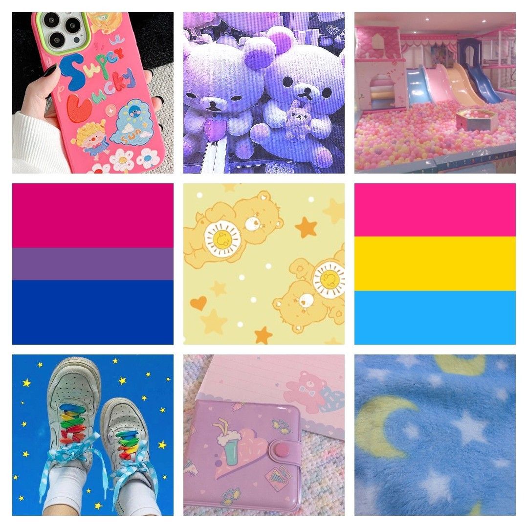 A collage of Care Bears themed items including phone cases, shoes, and a rug. - Kidcore