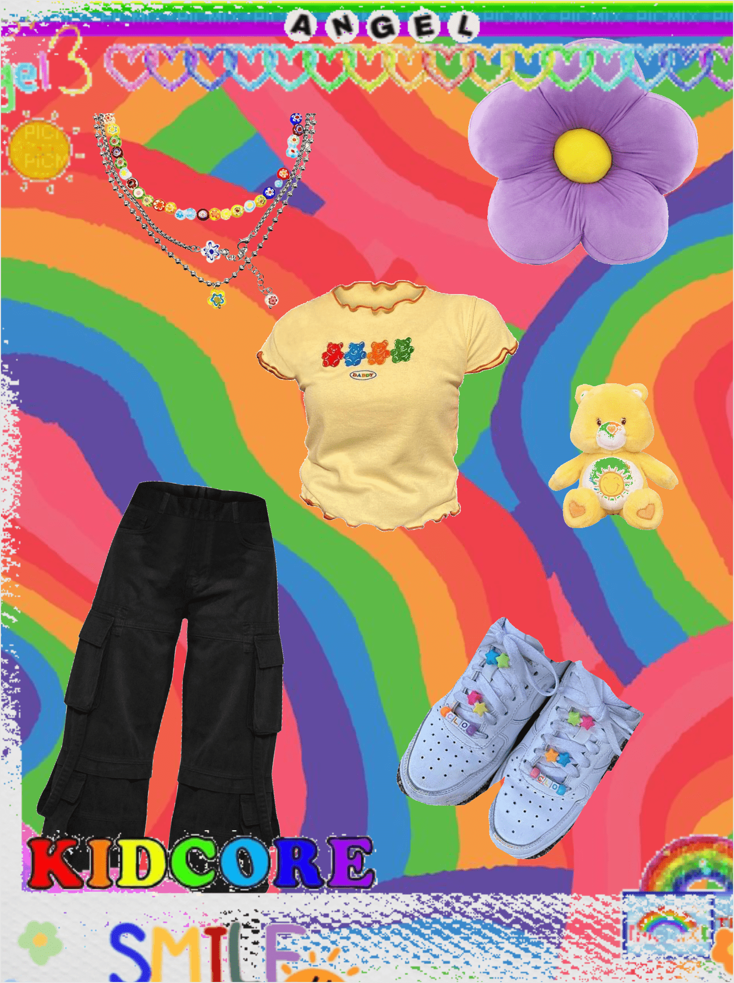 A colorful image with a rainbow background, a yellow t-shirt, black cargo pants, white tennis shoes, a purple flower necklace, a yellow teddy bear keychain, and the word 