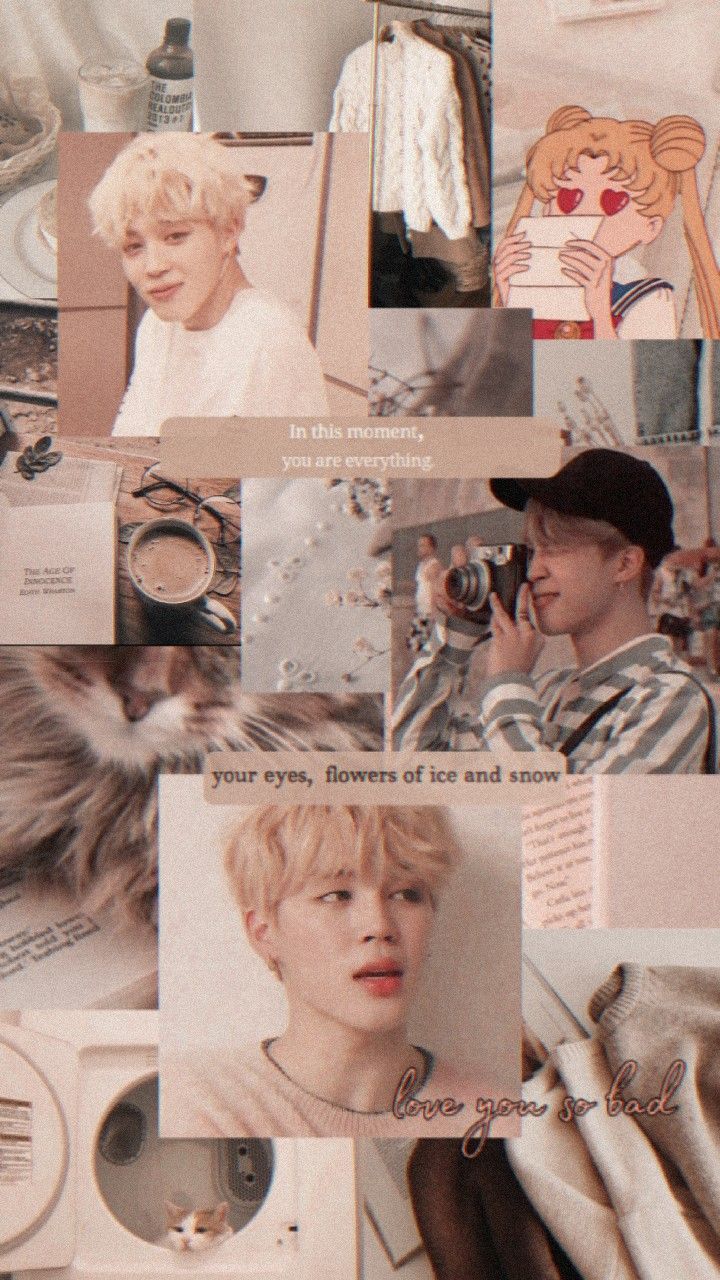 Photo collage of pictures of Jimin from BTS, with a quote that says 