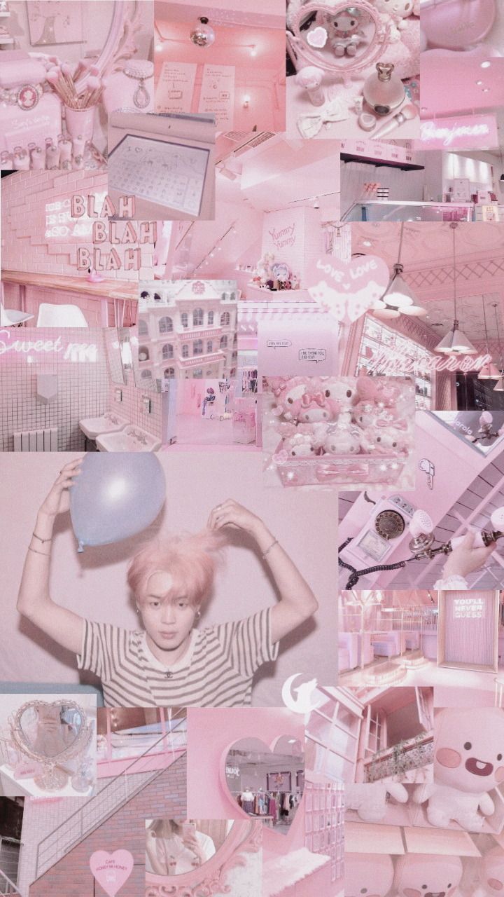 Pink aesthetic wallpaper background with images of bts, a pink phone case, and a pink phone - Jimin