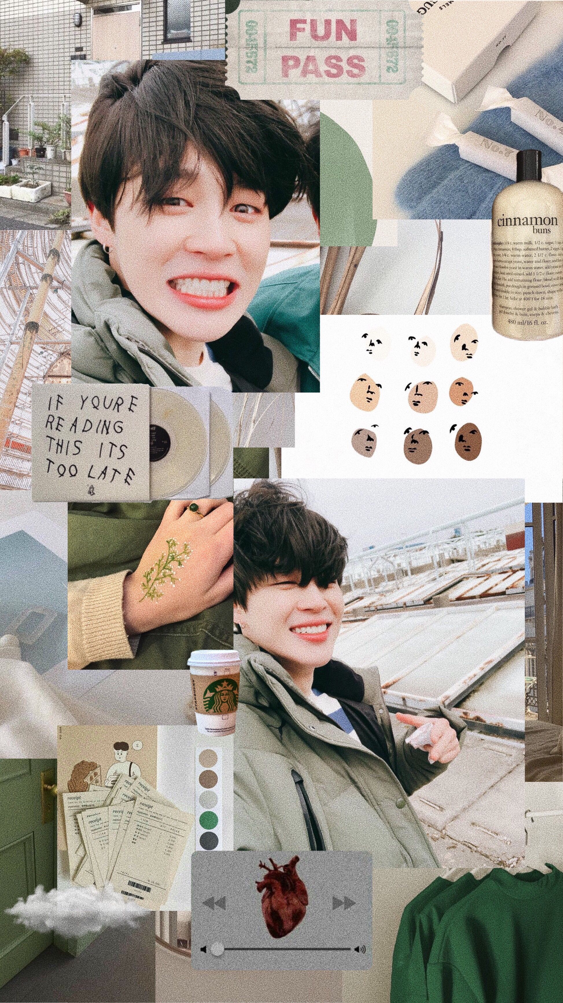 A collage of images of taehyung from bts with green and brown aesthetic - Jimin