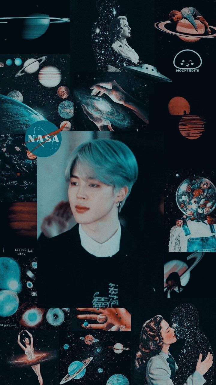 Jimin aesthetic wallpaper with space background and NASA logo. - Jimin