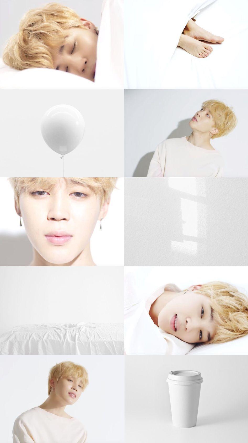 A collage of photos of Jimin from BTS in a white shirt and no shirt. - Jimin