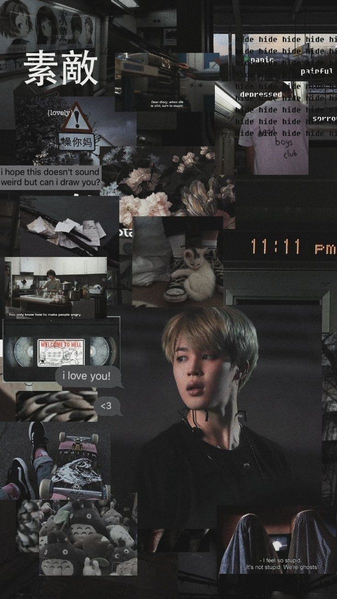 A collage of black and white photos of jimin and the words i love you - Jimin