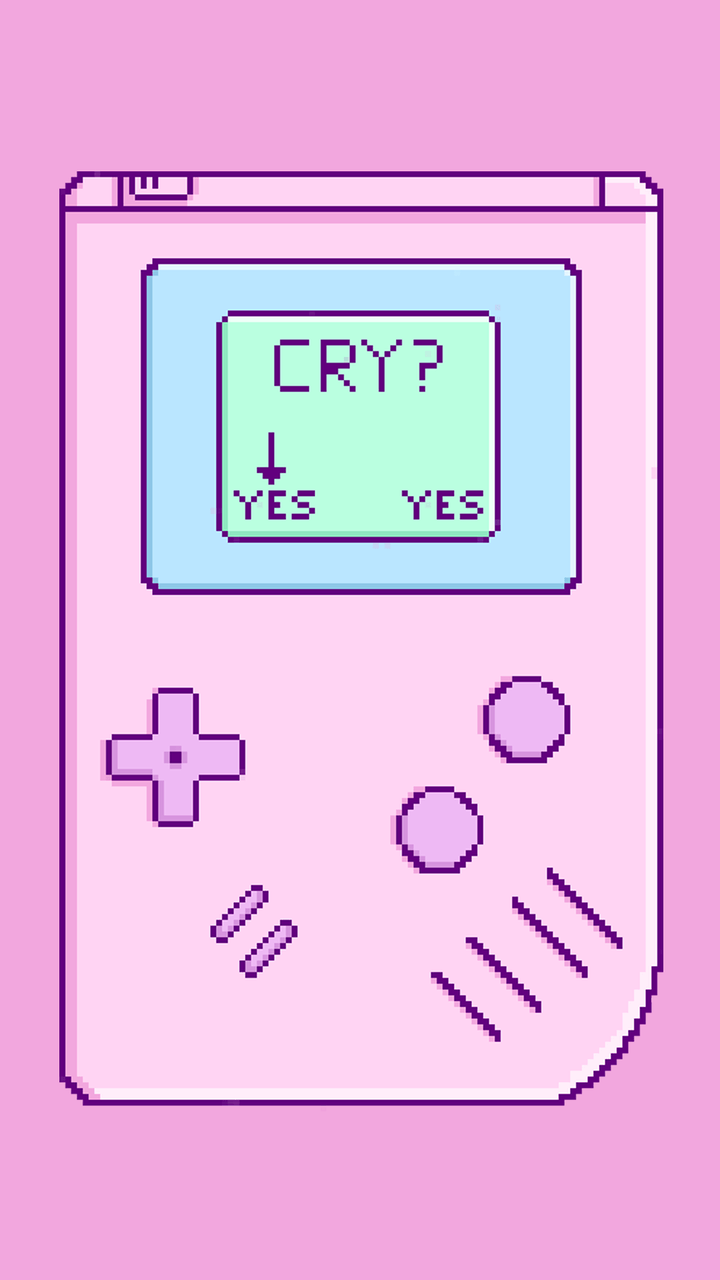 A pink and purple Gameboy that says 