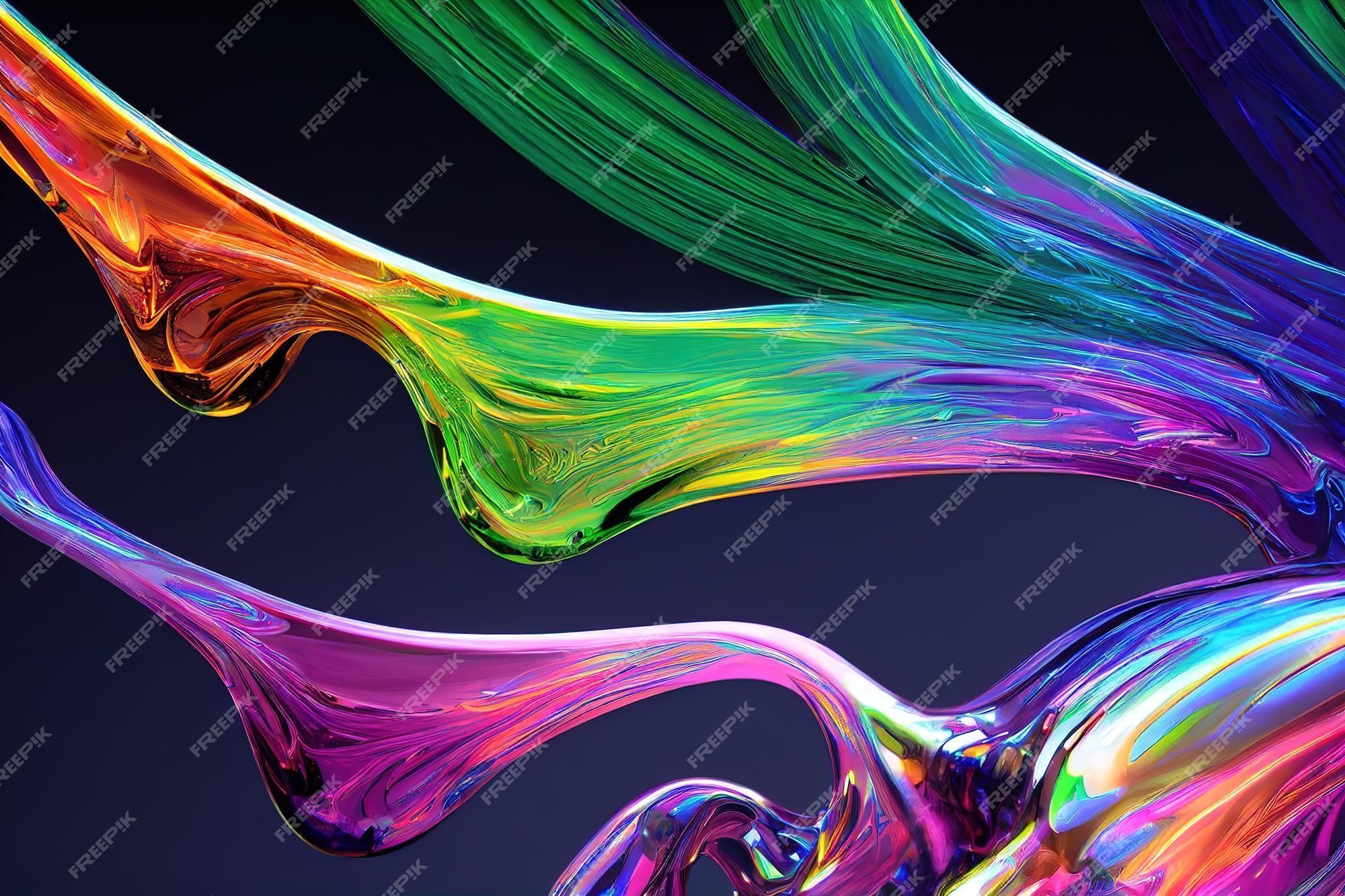 3d illustration of multicolored abstract waves of paint on a black background - Iridescent