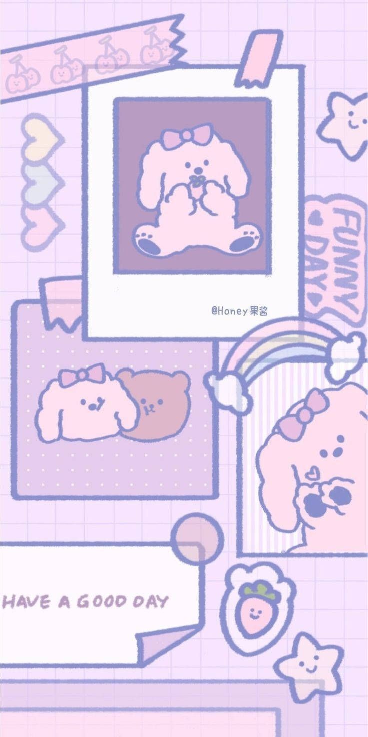 A phone wallpaper with a grid of pink and purple drawings of bears and the words 'Have a good day' - Pastel purple