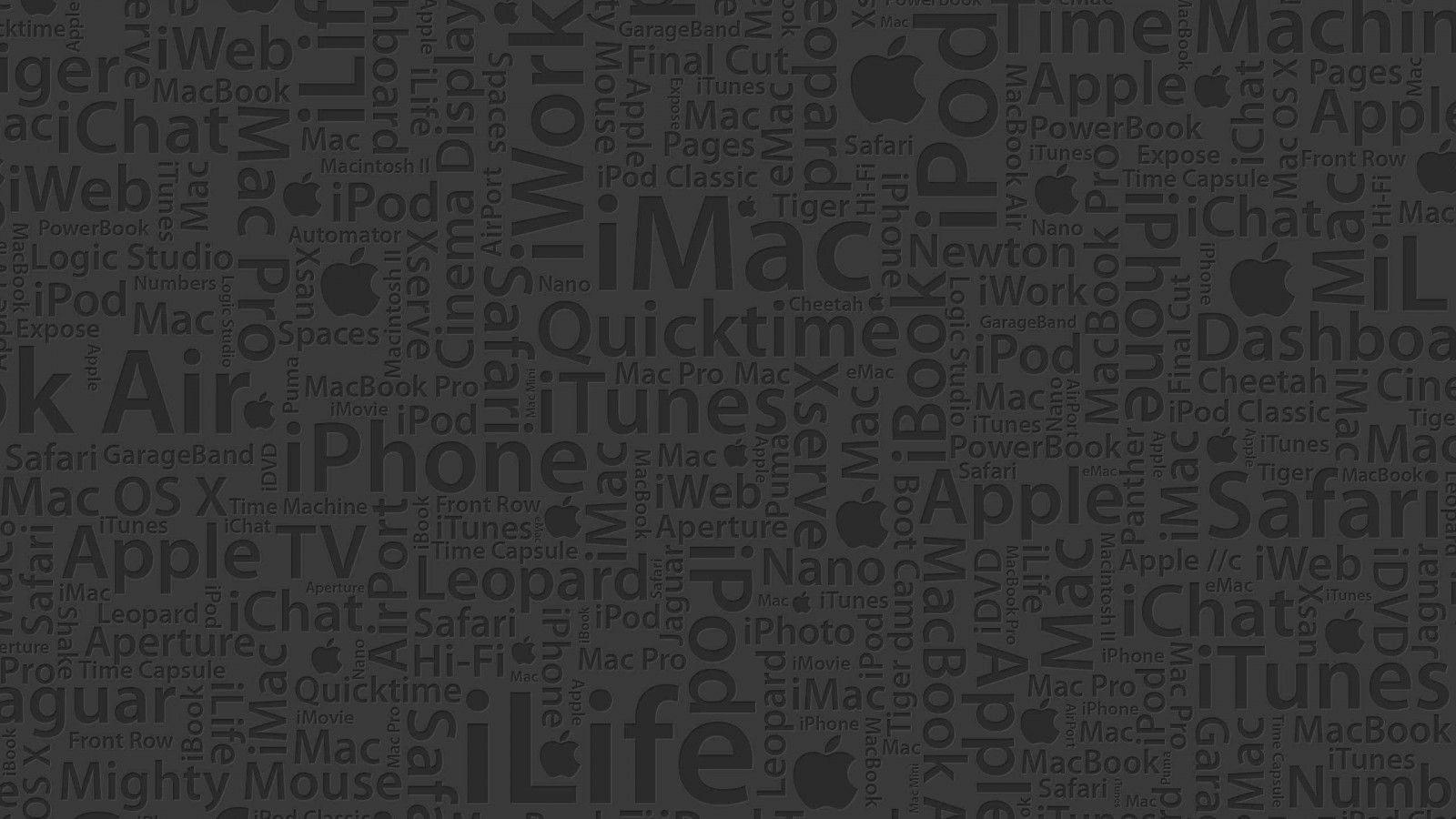 A black wallpaper with various apple product names on it - Gray