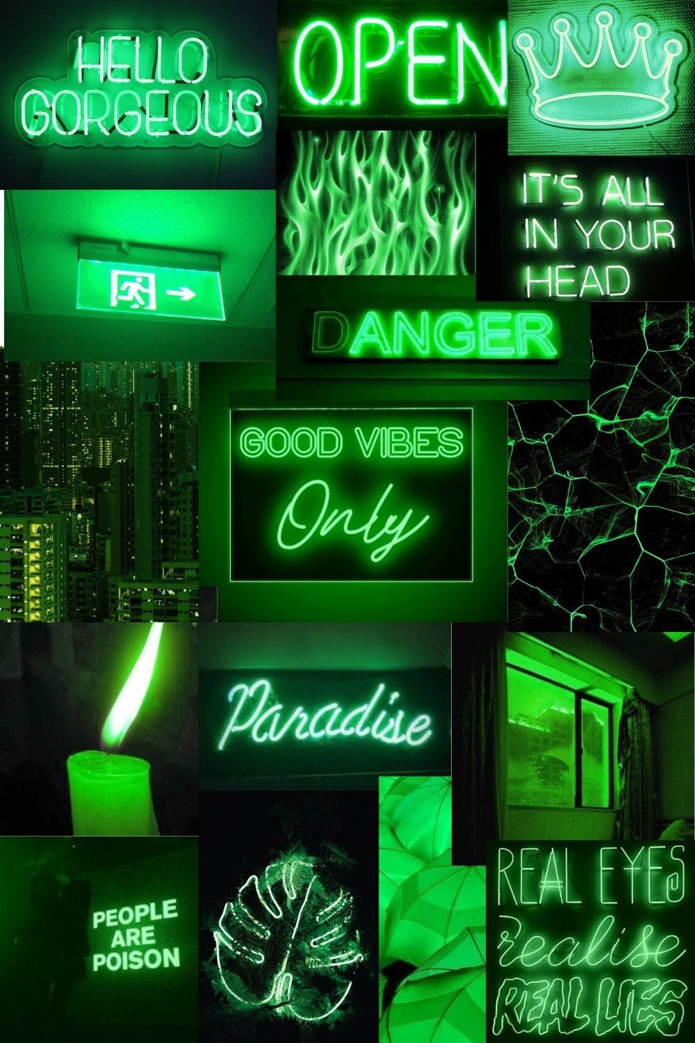Aesthetic green neon wallpaper with different signs and quotes. Perfect for phone or desktop background.  - Lime green