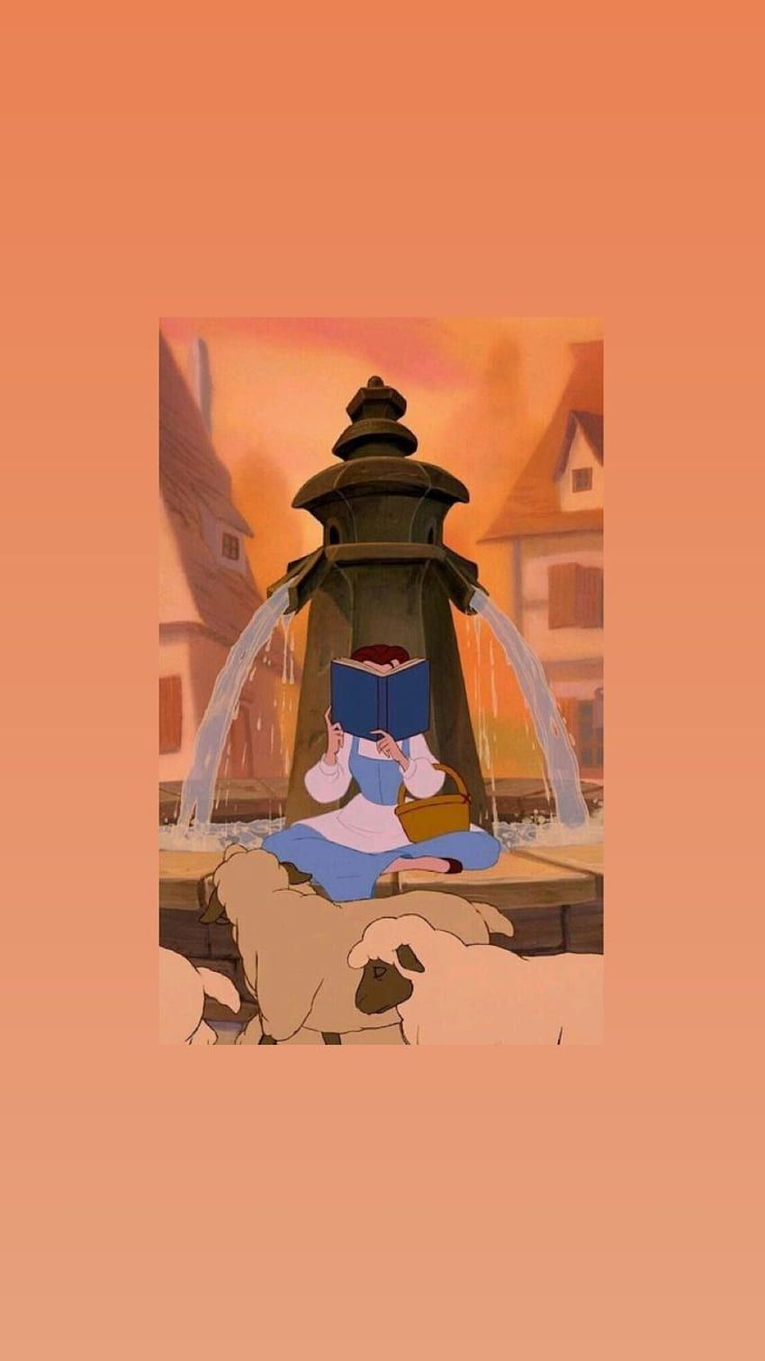 Aesthetic Disney wallpaper for phone with Belle reading a book in front of a fountain - Belle