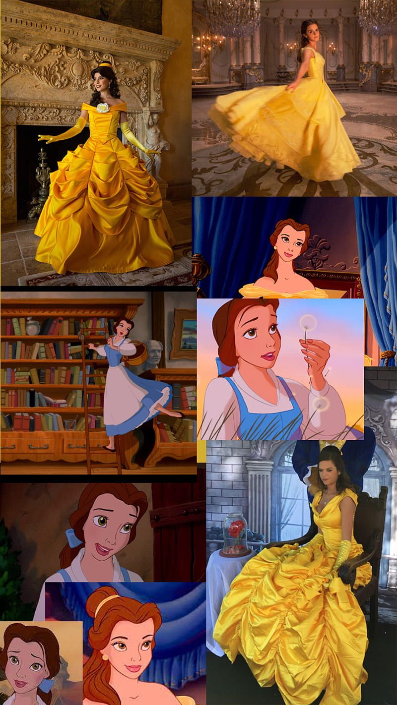 A collage of images of Belle from Beauty and the Beast wearing her yellow dress. - Belle