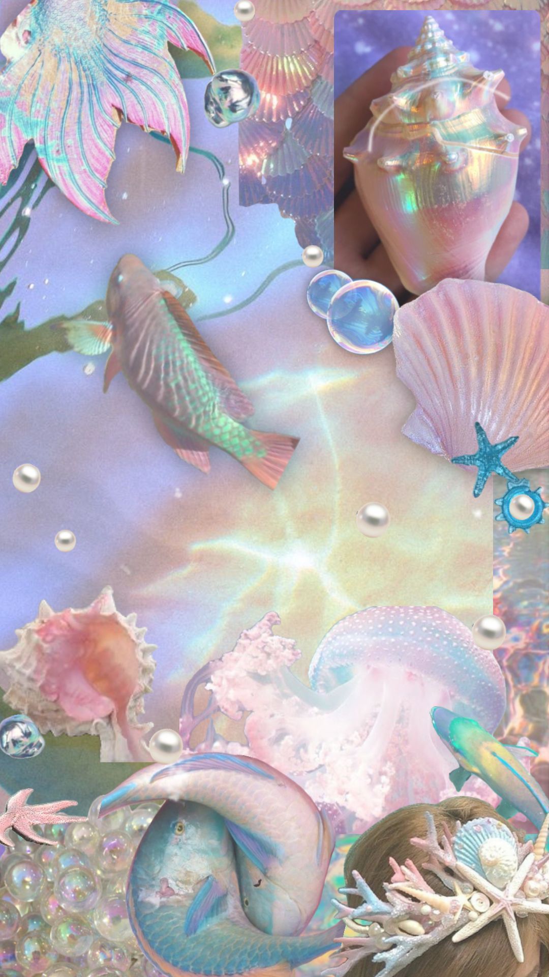 fyp #fish #mermaid #ocean #pearls #shells #wallpaper #aesthetic #holographic #nature #vibes. Mermaid wallpaper, Mermaid art, Aesthetic shop