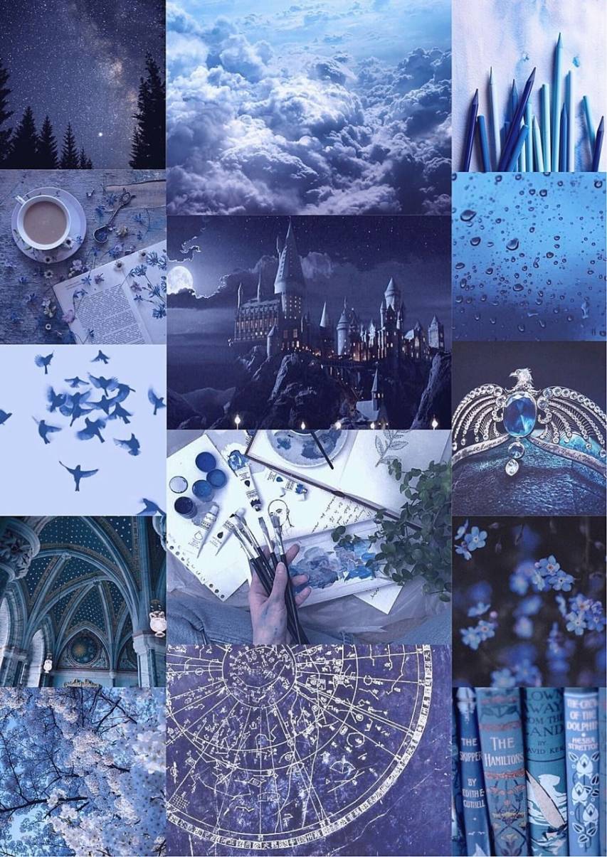 Blue aesthetic collage with a variety of blue images - Harry Potter, Hogwarts