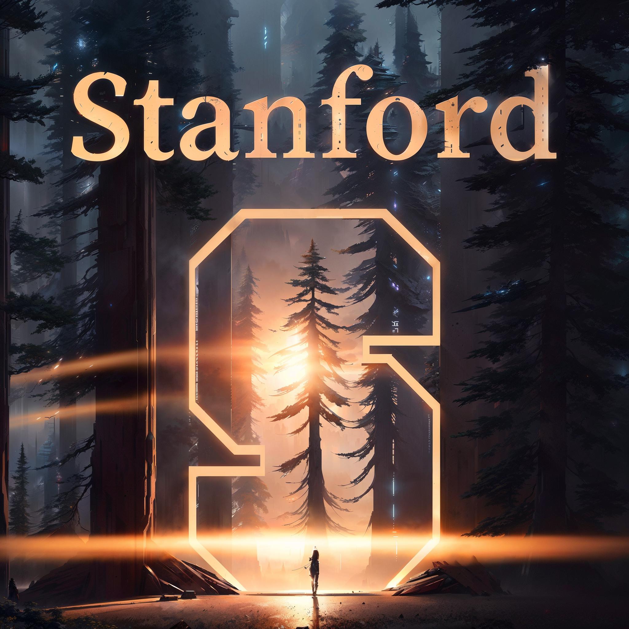 Stanford's cover art, featuring a person standing in a forest with the Stanford S behind them. - Stanford