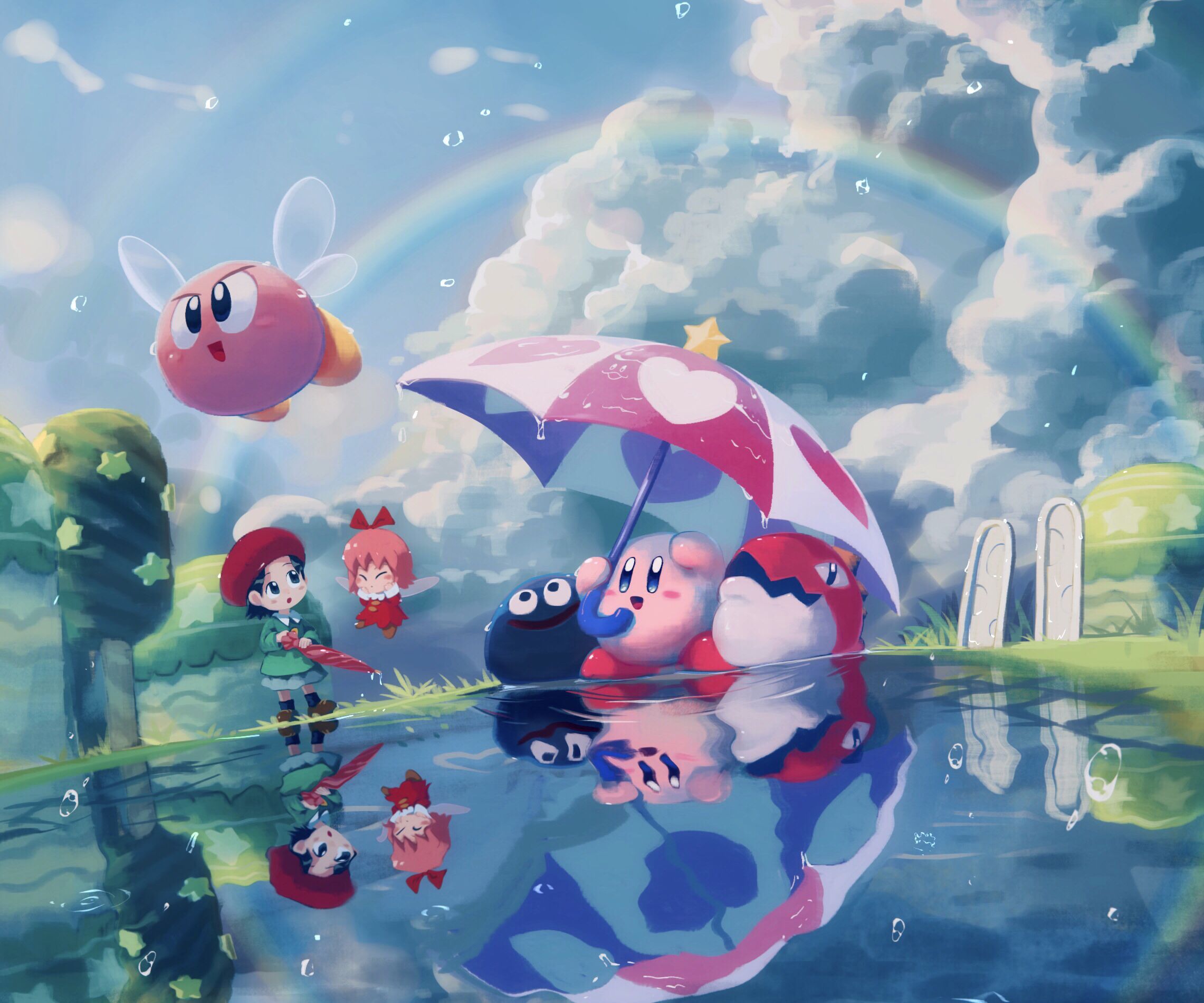 A scene from the game, featuring a group of characters standing under an umbrella in the rain. - Kirby