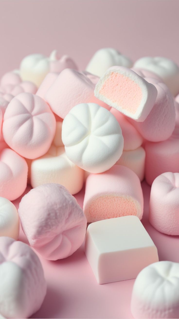 Marshmallows of different shapes and colors on a pink background - Marshmallows