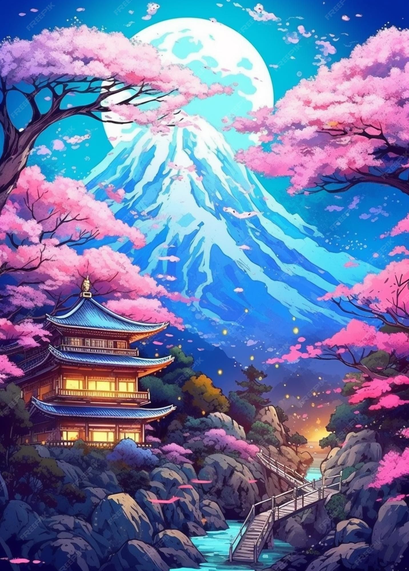 A beautiful anime scenery with a mountain in the background - Chinese