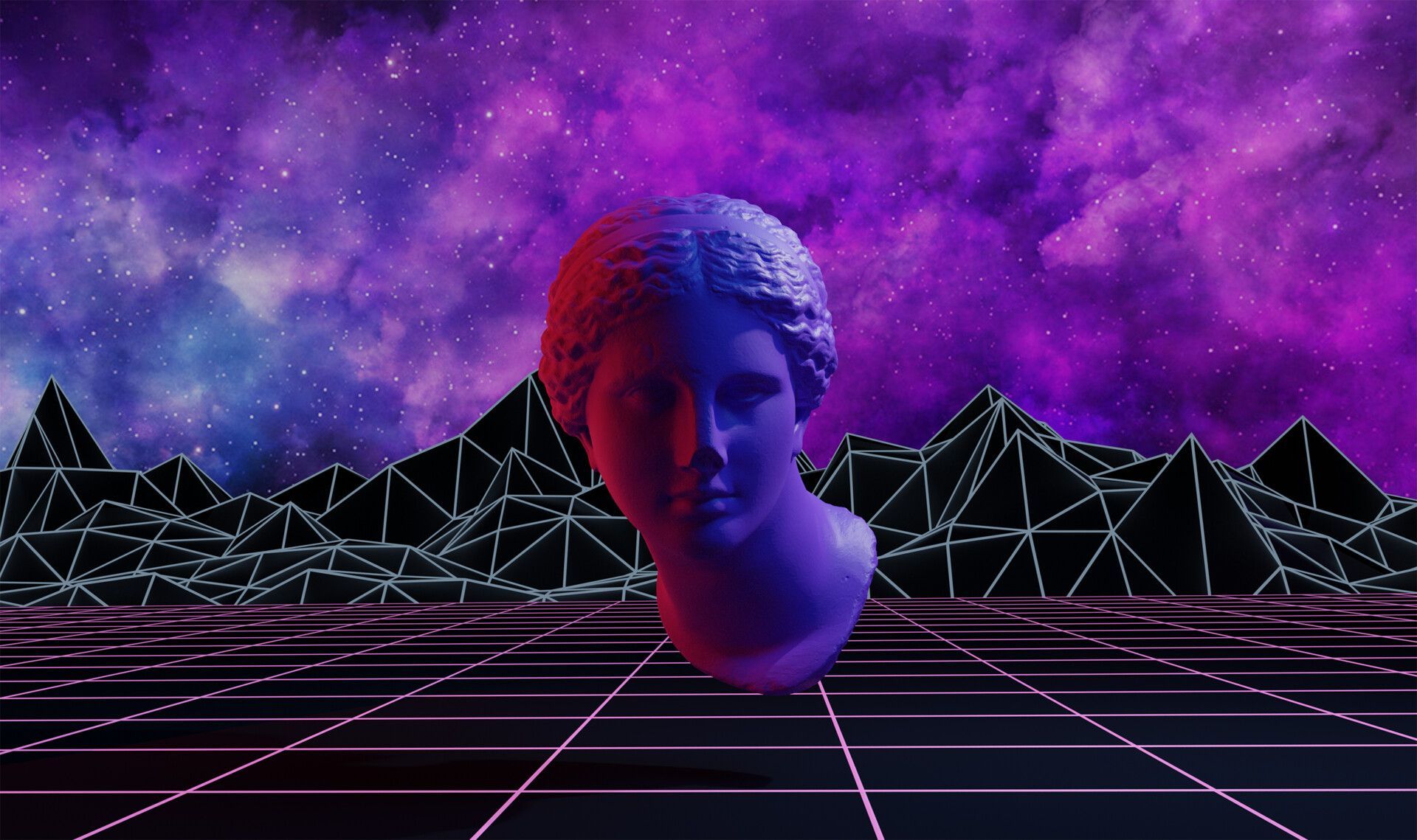 Vaporwave style image of a bust of Venus in front of a purple sky with pink mountains. - Venus