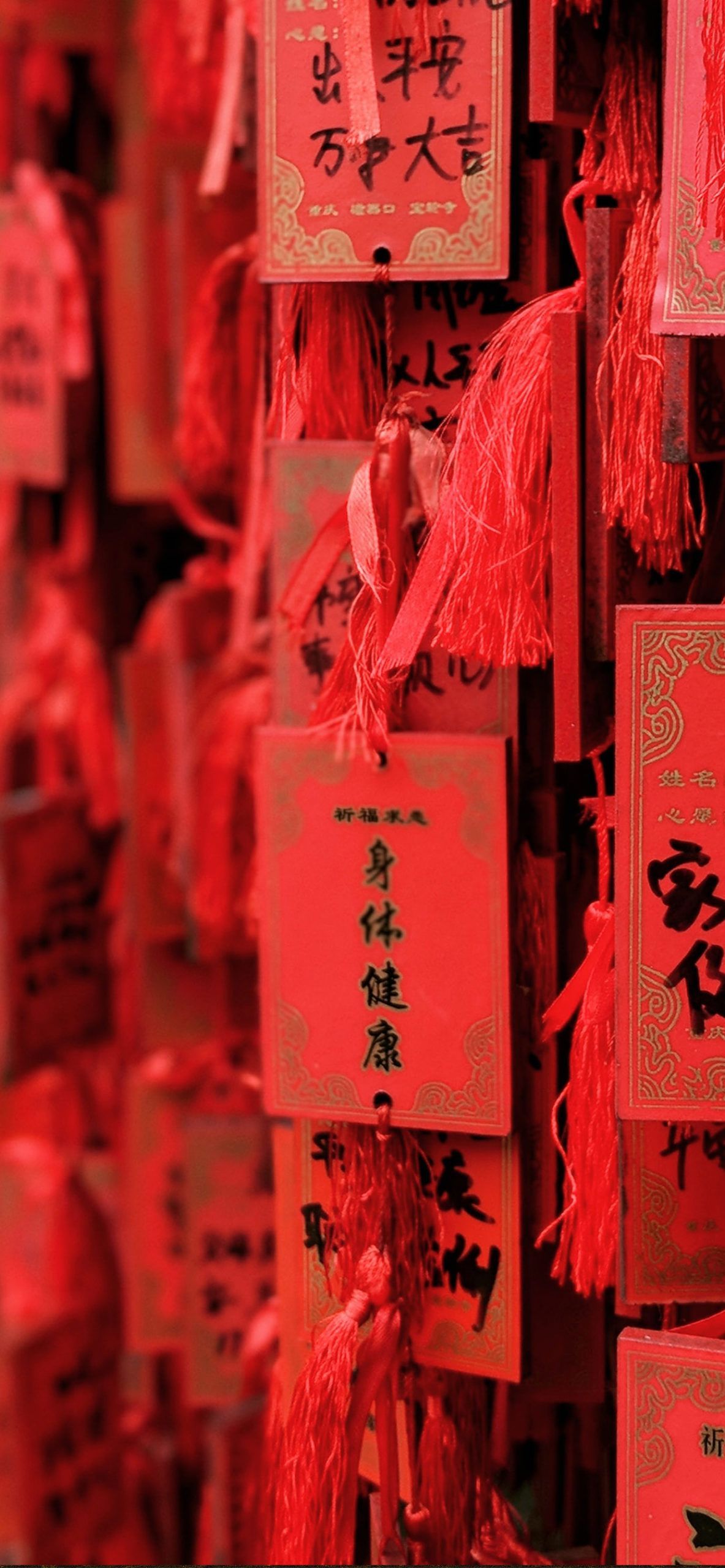 Red tags with wishes written on them. - Chinese