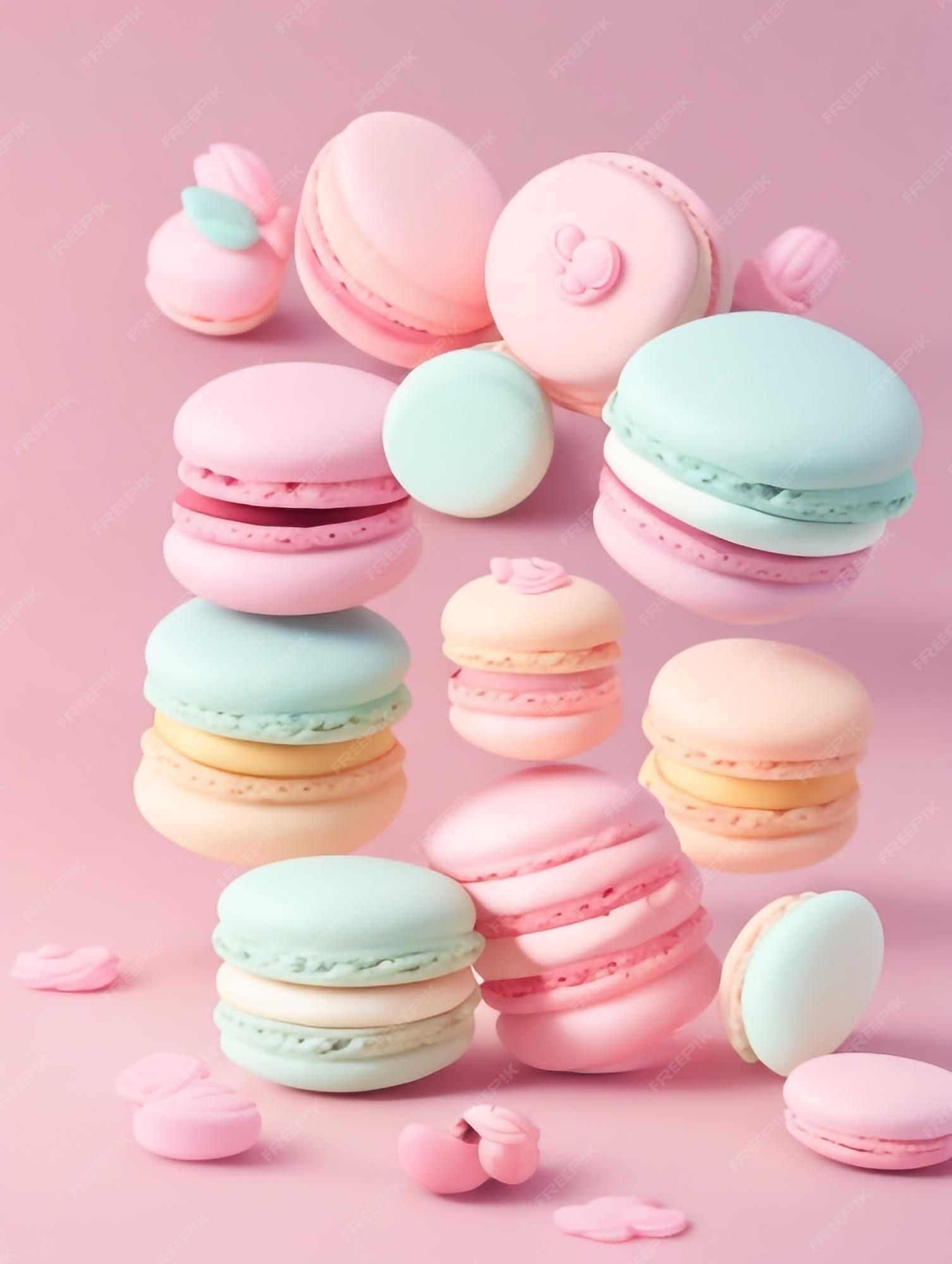 A colorful assortment of macarons on a pink background - Macarons