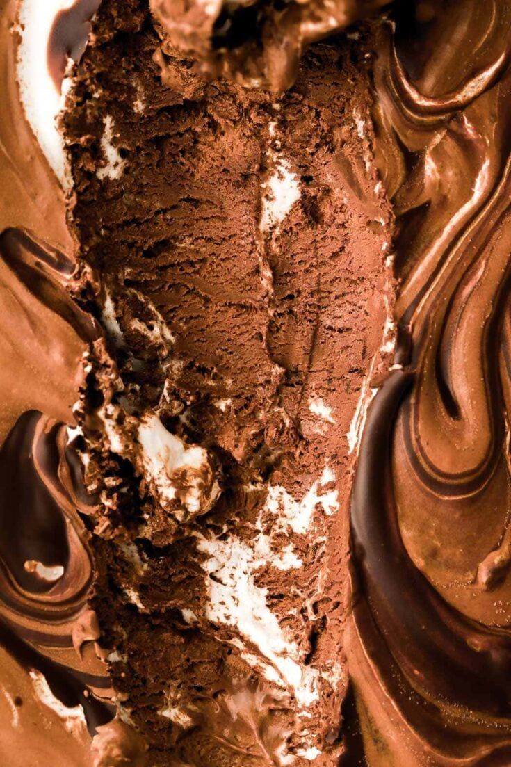 A close up of a chocolate ice cream cake with chocolate and white swirls. - Ice cream, chocolate