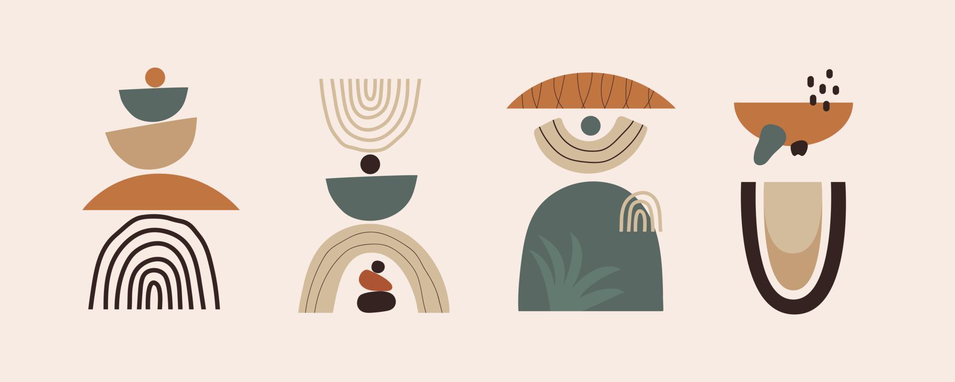 A series of four abstract illustrations in muted tones of green, brown and orange. - Balance