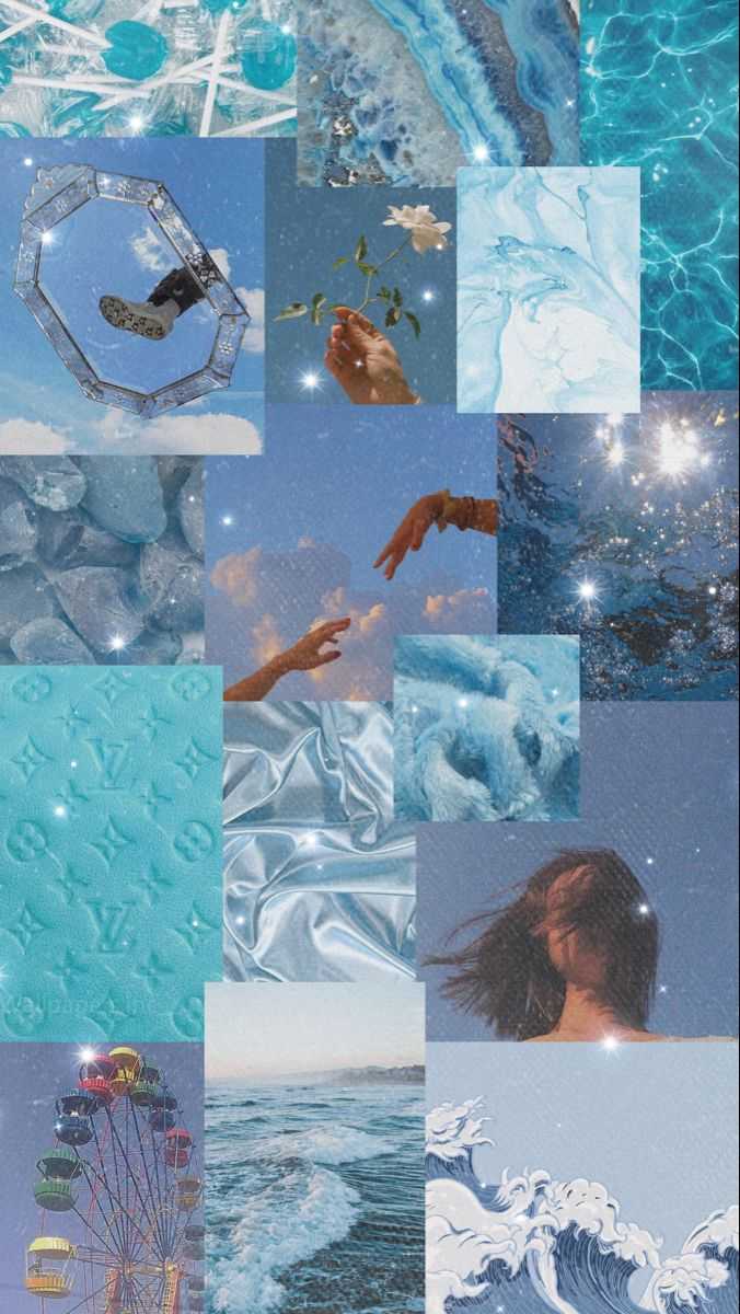 Aesthetic blue background with pictures of the ocean, stars, and hands. - Blue anime, blue