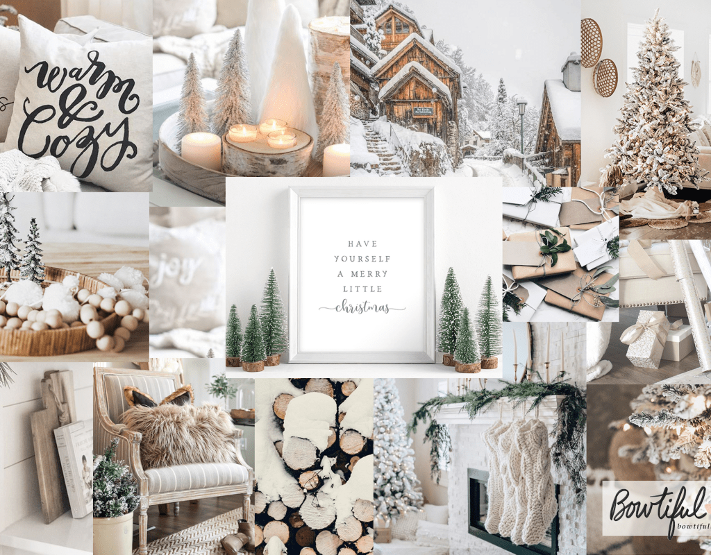 A collage of Christmas photos including a white fireplace, a white couch with pillows that say 