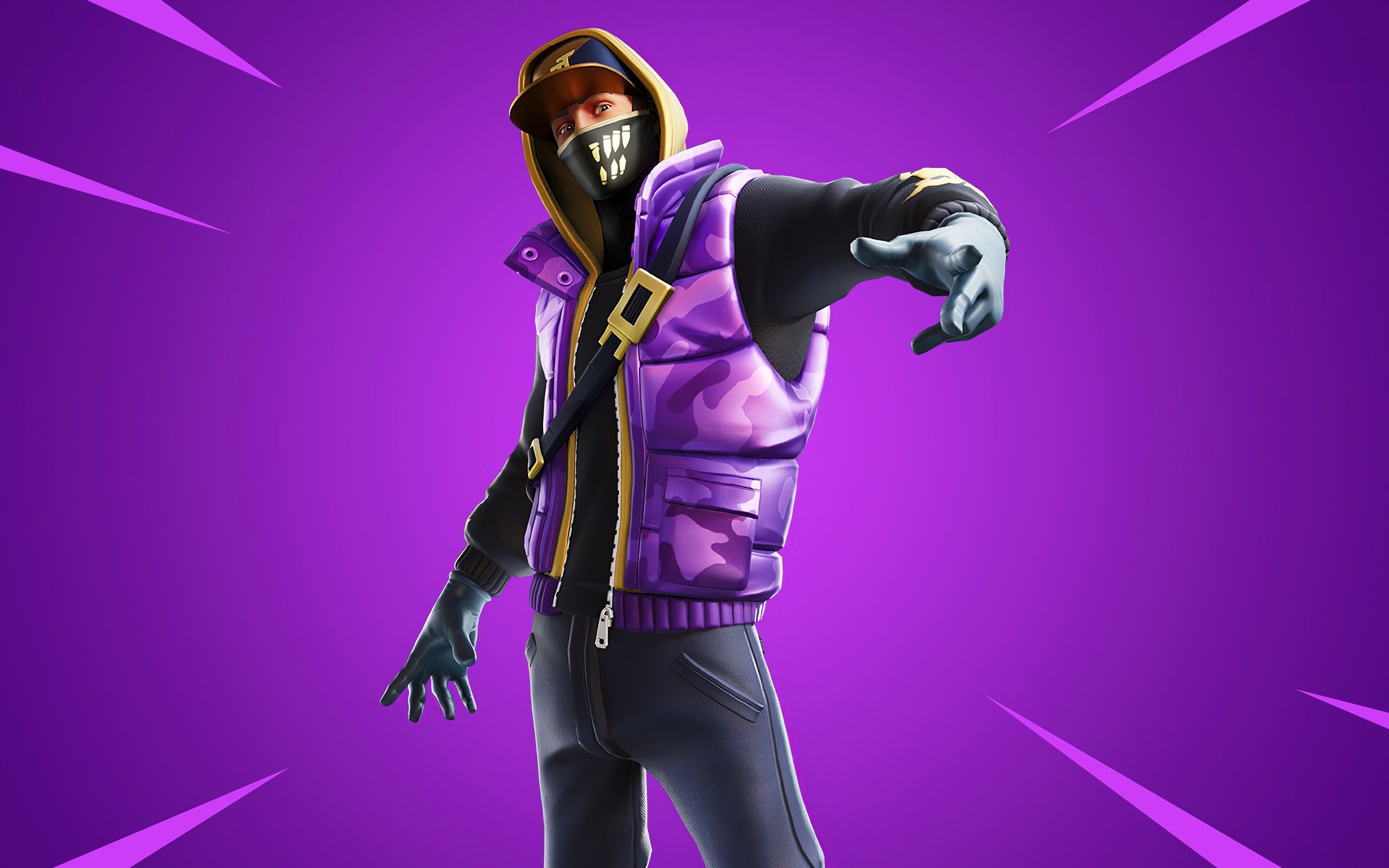 A Fortnite character wearing a purple jacket and a black mask with white teeth - Fortnite