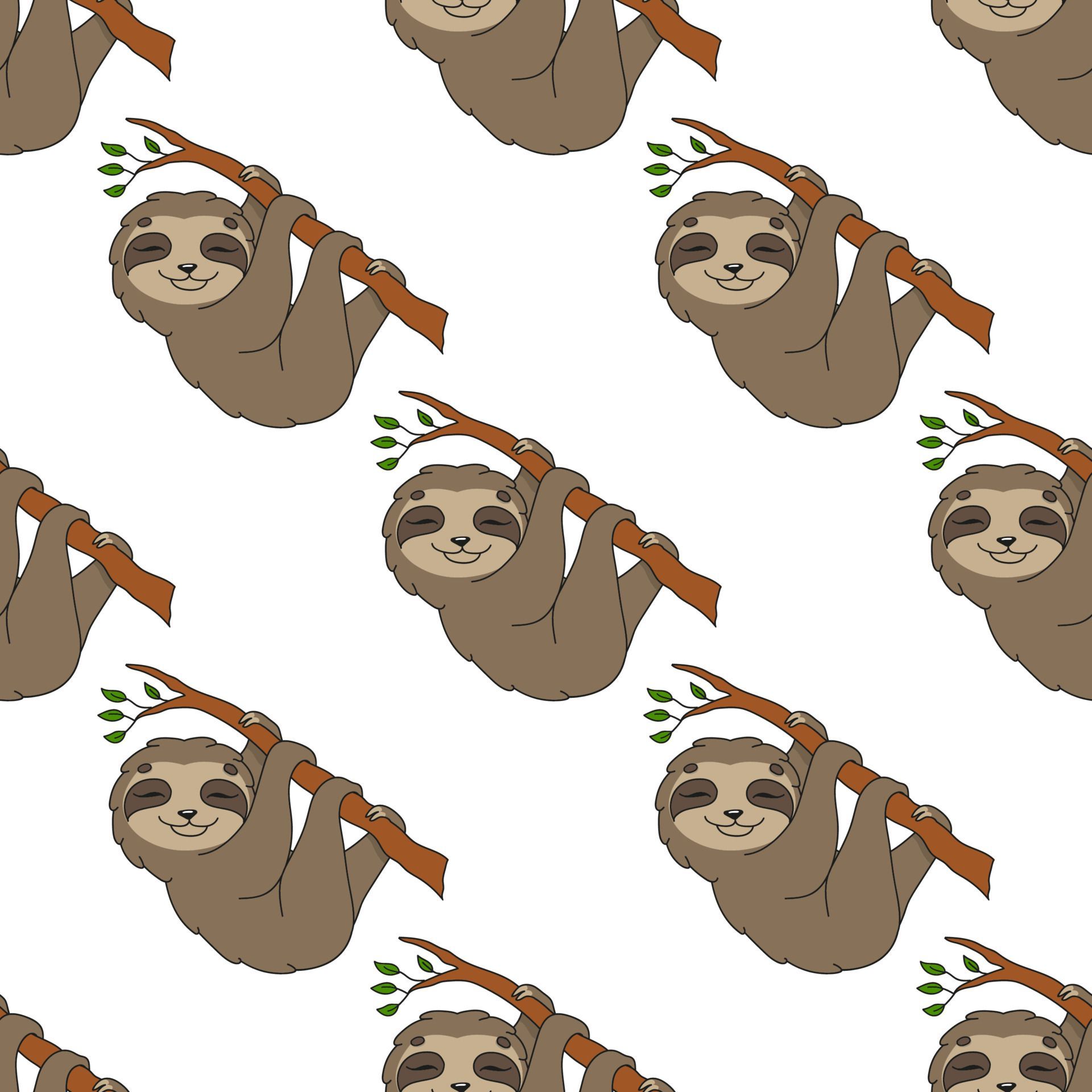 Happy sloth. Colored seamless pattern with cute cartoon character. Simple flat vector illustration isolated on white background. Design wallpaper, fabric, wrapping paper, covers, websites