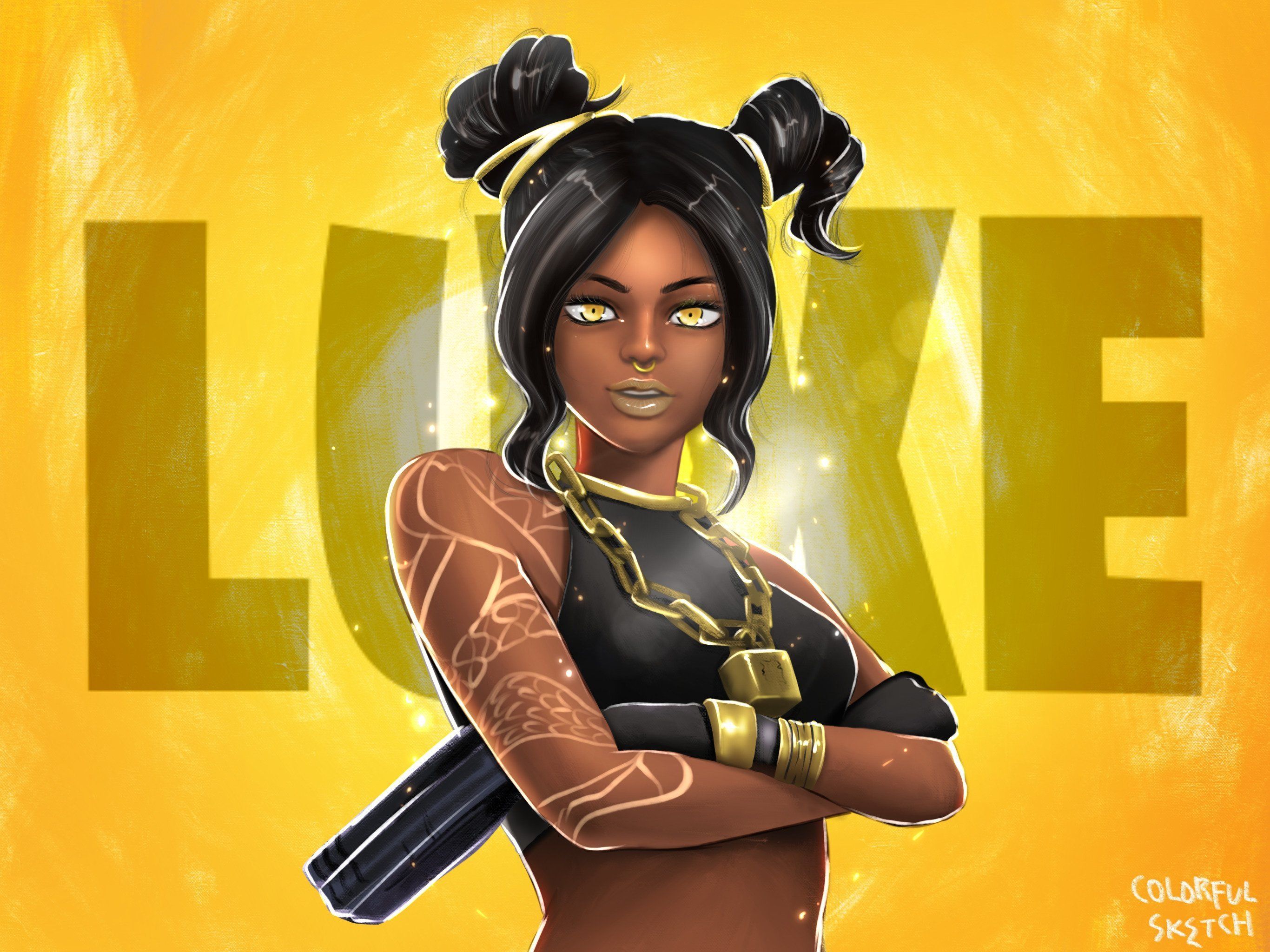 A black girl in a black top with tattoos and a gold chain around her neck, with her hair in two buns, holding a bat in front of a yellow background - Fortnite