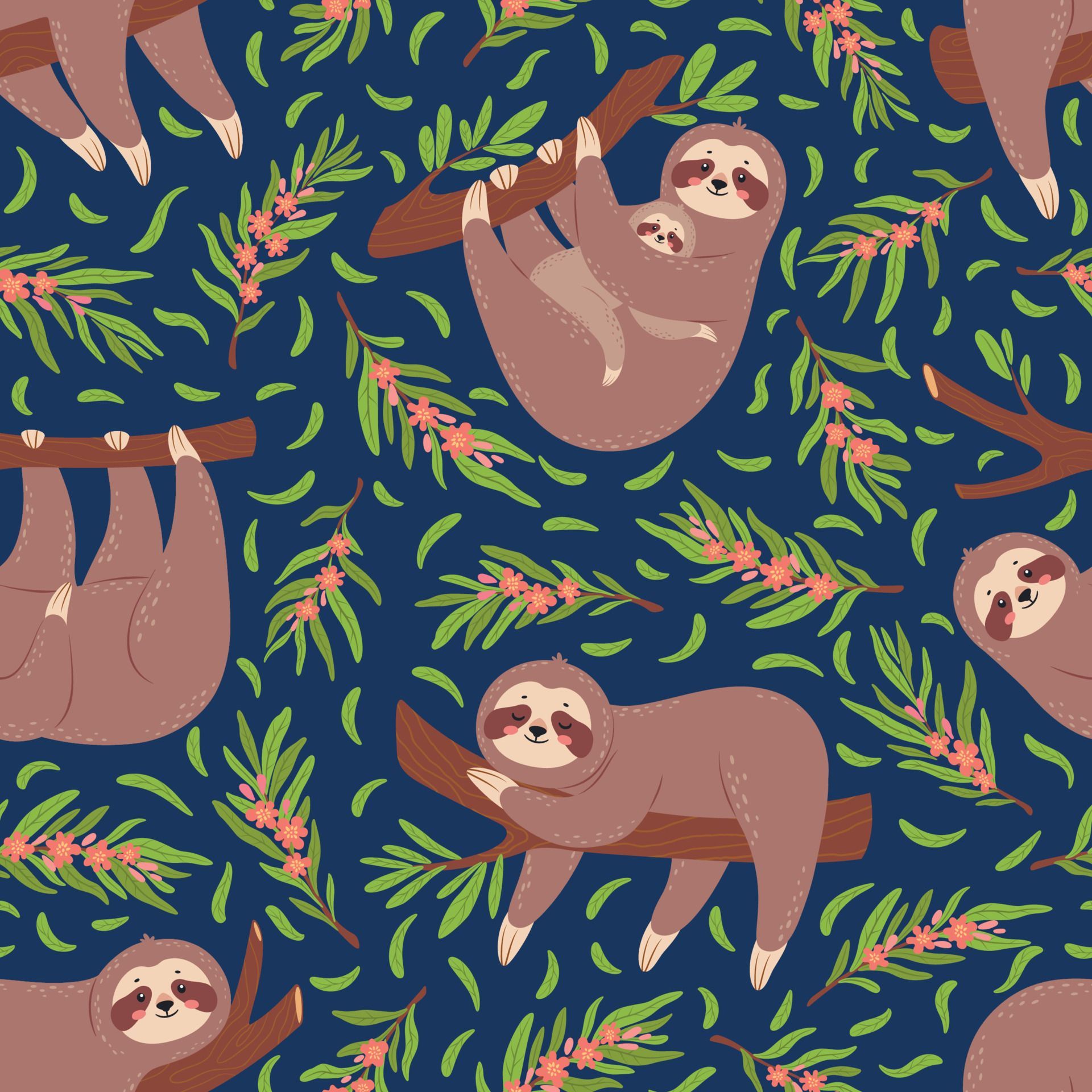 Cute sloths on branch seamless pattern for nursery wallpaper. Baby sloth animal with mother. Funny lazy animals textile print vector texture