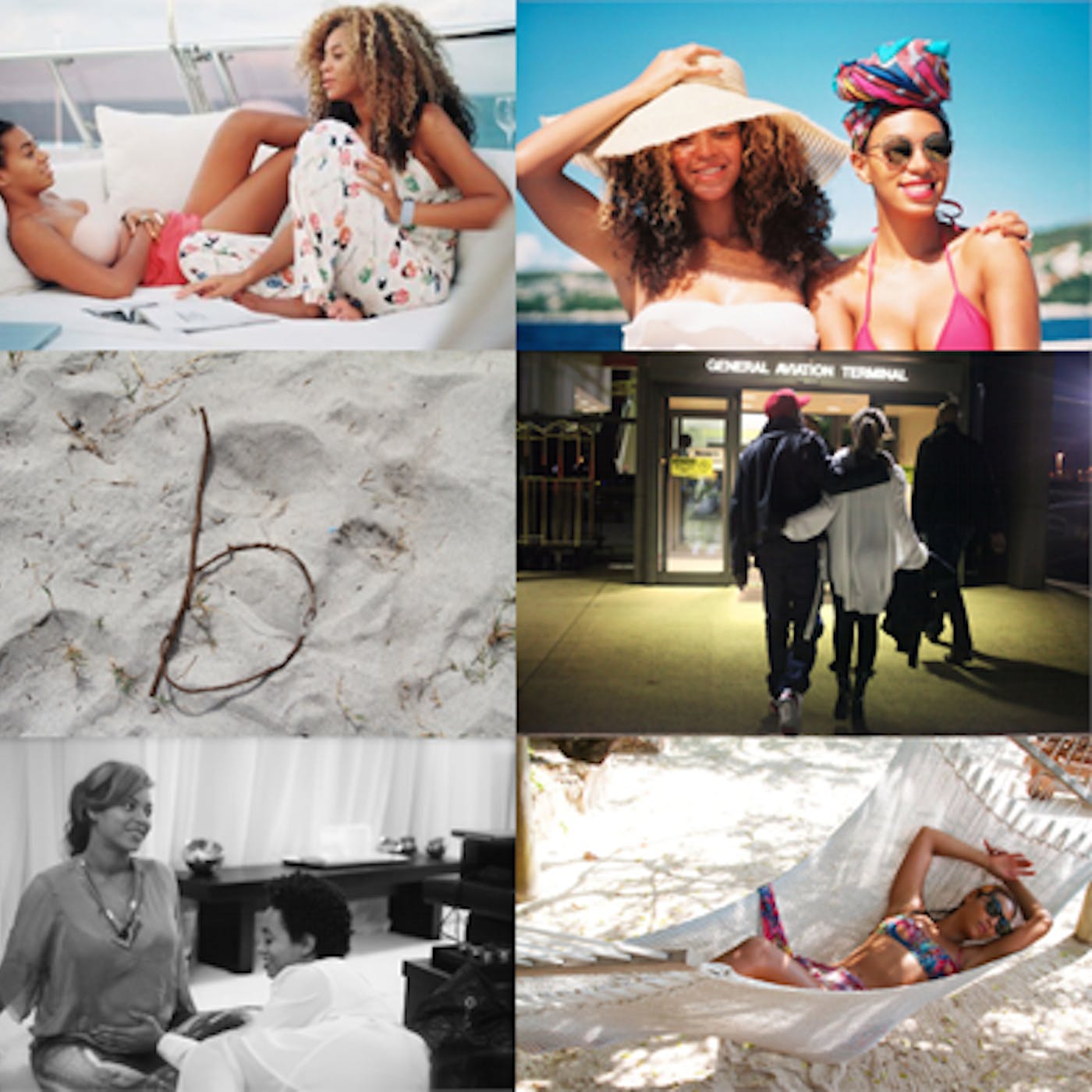 Clockwise from top left: Beyoncé and Solange at the beach in Miami; Solange at the airport; Solange and Beyoncé at the airport; Solange in the Hamptons; Solange and Beyoncé in the Hamptons. - Beyonce