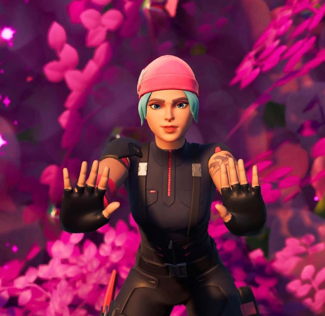 Fortnite character with pink hair and pink gloves in front of a pink background - Fortnite
