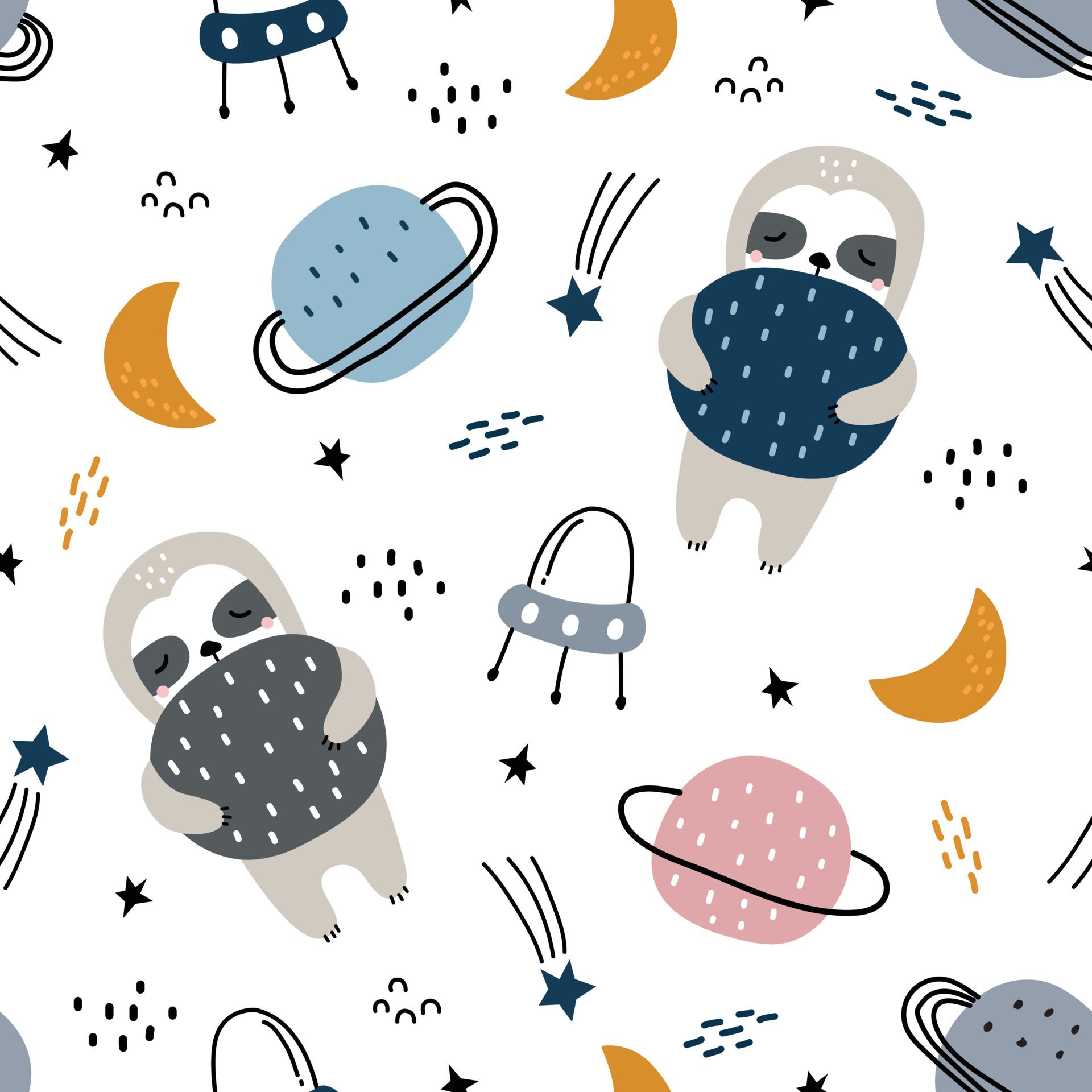 Cartoon animal background for kids Seamless pattern with sloth floating in space and stars. Kids style hand drawn design. Use for fabric, textile, wallpaper print, decoration, vector illustration. Vector Art