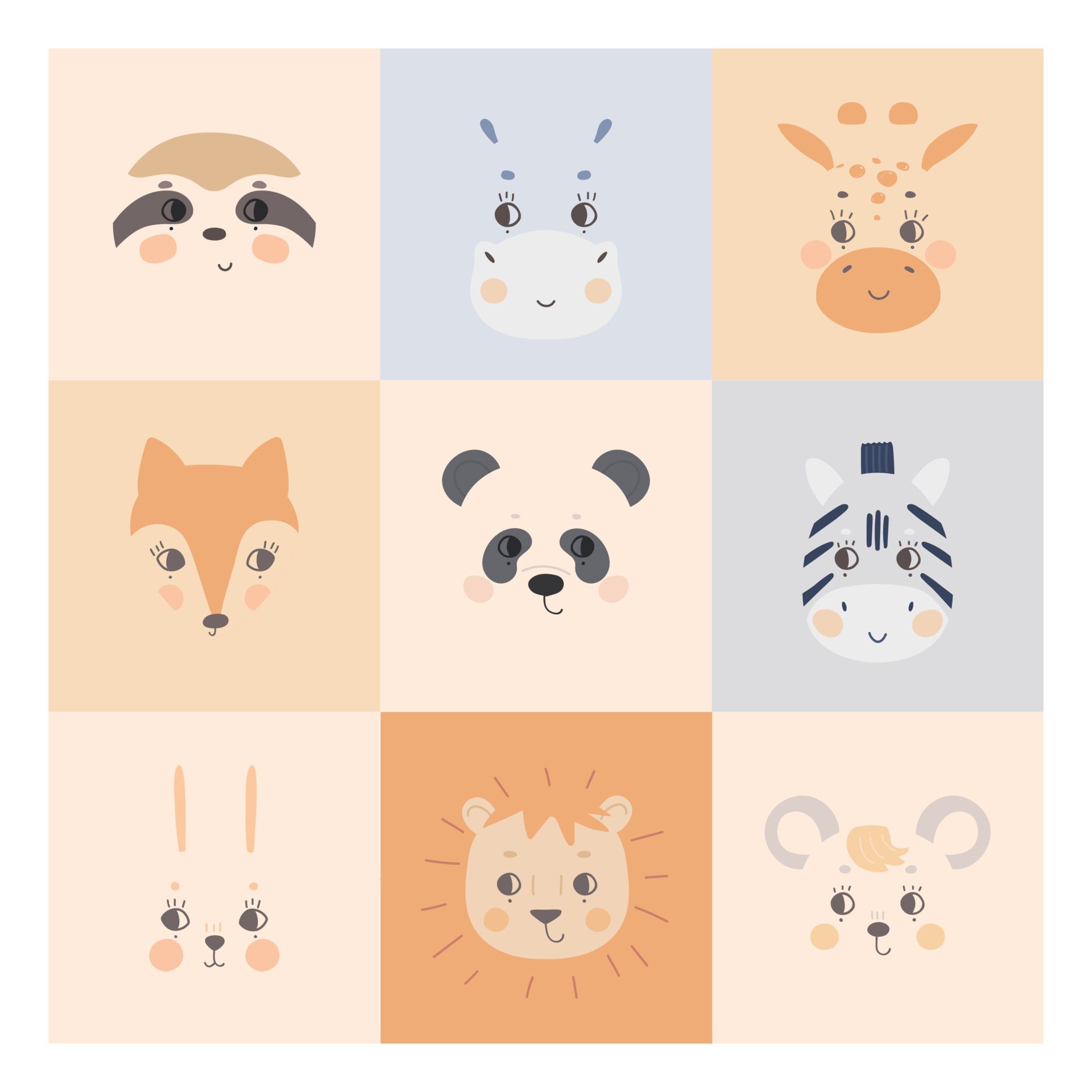 Cute simple animal faces on colorful background. Portrait of a cartoon funny hare, zebra, panda, sloth, giraffe, hippo, lion, mouse. Vector for baby clothes, nursery, kid posters