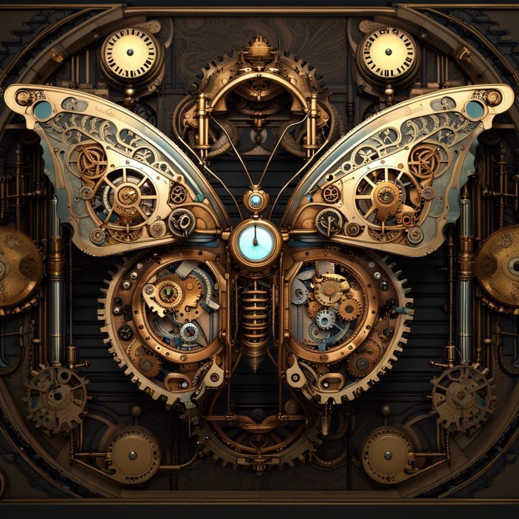 A mechanical butterfly made of cogs and a clock face. - Steampunk