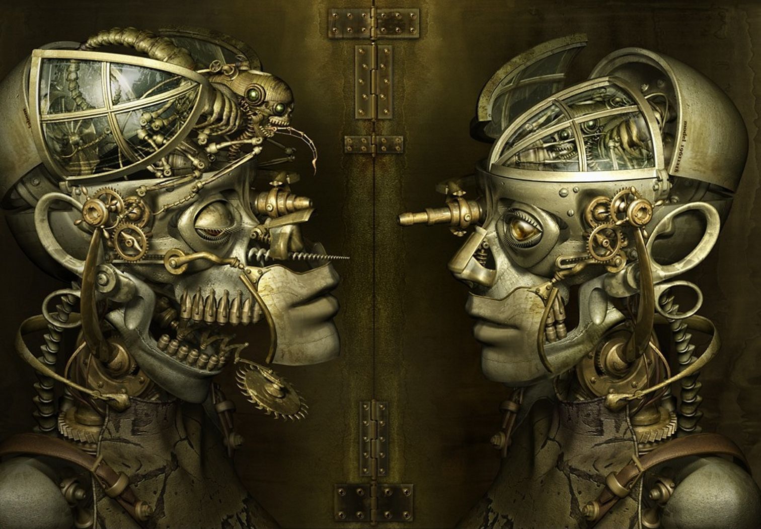 Two metallic faces with various cogs and gears in their heads - Steampunk