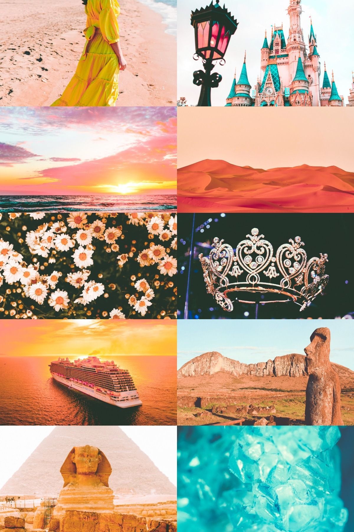A collage of travel images including a cruise ship, Disney castle, pyramid, and desert. - Collage