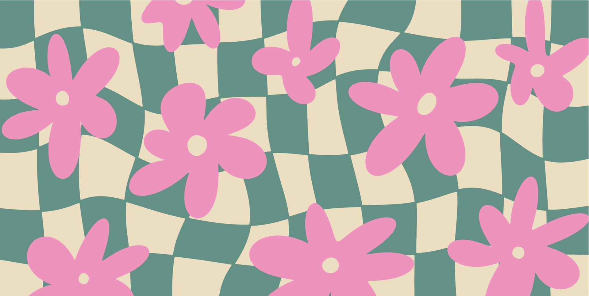 Groovy checkered Daisy Flowers background. Retro 70s Hippie Aesthetic wallpaper with Trippy distortion Grid. Vector modern Seventies Style illustration