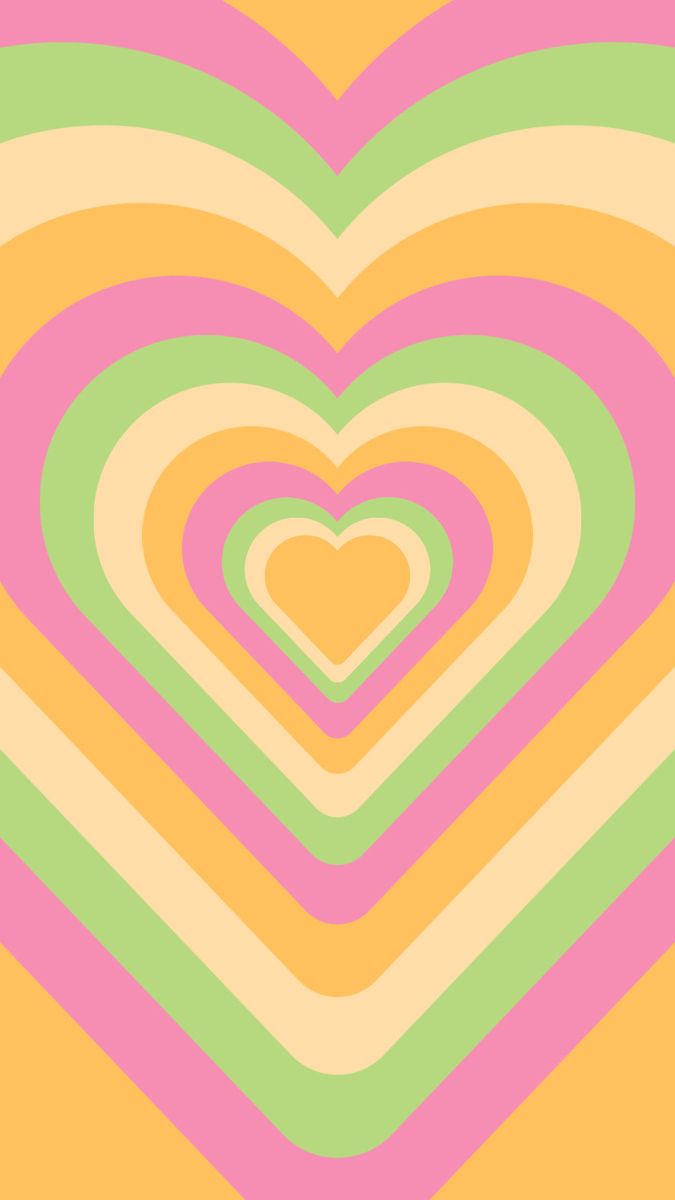 This wallpaper is a fun and colorful take on the classic heart shape. The background is a soft orange and pink, with a green stripe running horizontally through the middle. The hearts within the hearts are yellow and pink, with a hint of green. This wallpaper is perfect for adding a pop of color to your phone. - Heart