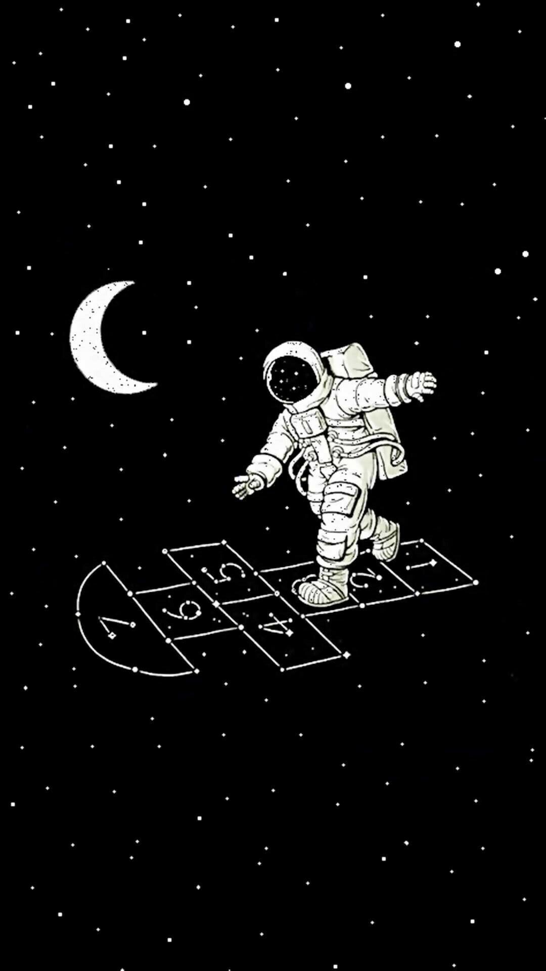 Astronaut playing hopscotch in space - Space, astronaut, doodles, illustration
