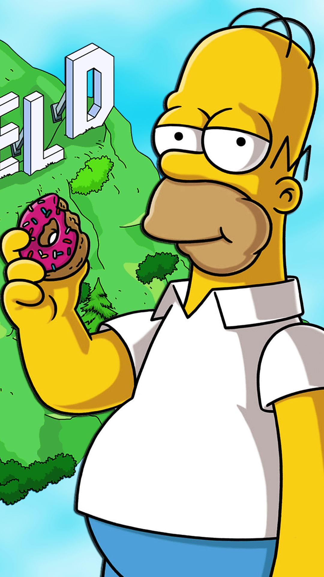 Homer Simpson eating a donut in front of the Hollywood sign. - Homer Simpson