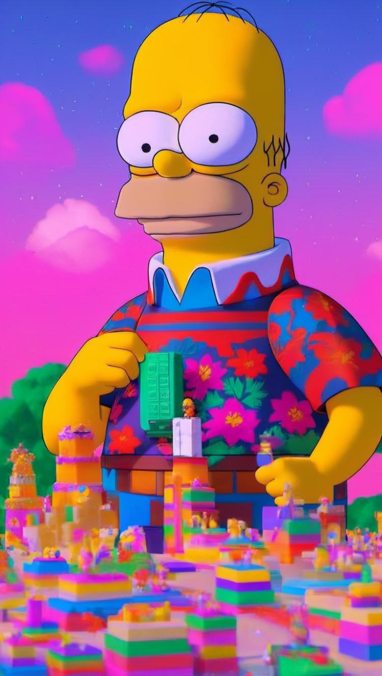 Homer Simpson holding a lego brick in front of a lego city - Homer Simpson