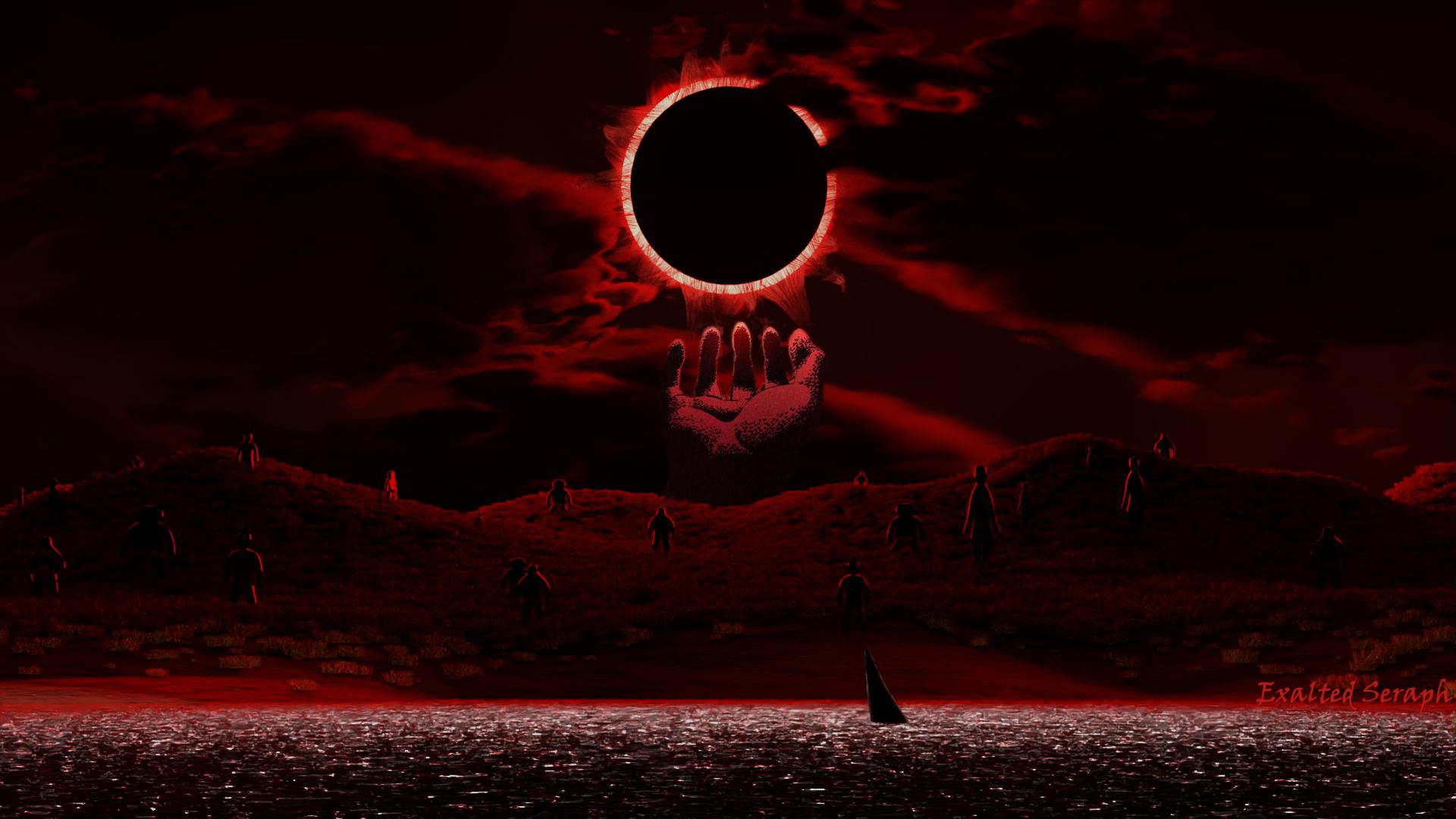 The sun is blocked by a giant hand, with a red sky and red water. - Eclipse