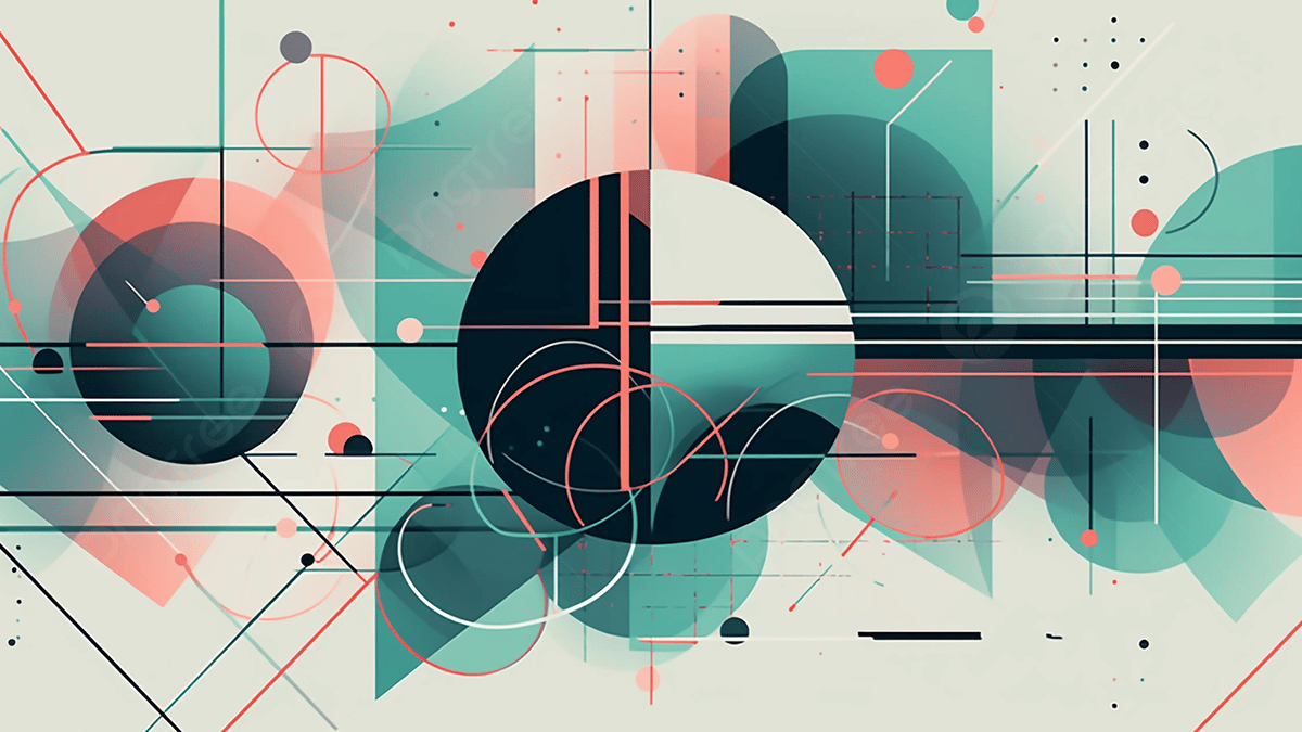 A colorful abstract composition with intersecting lines, circles, and squares. - Geometry
