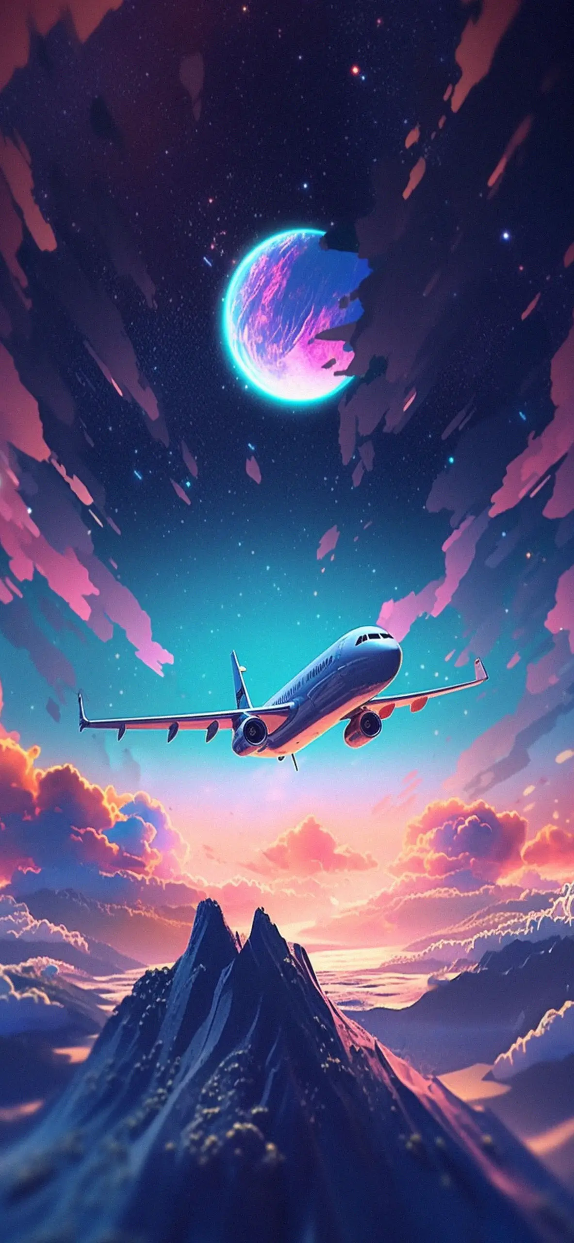 An airplane flying over mountains with a colorful sky in the background - Airplane