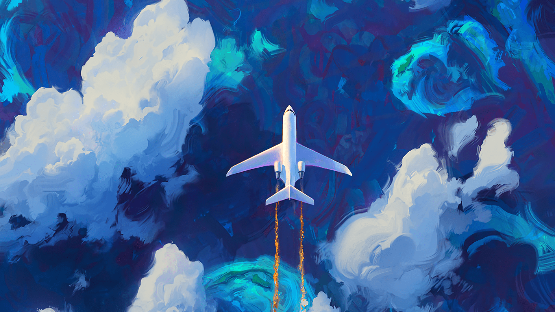 A white plane flying through the clouds in a blue sky - Airplane